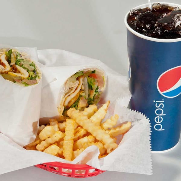 Two Mediterranean wraps, crinkle-cut fries in a red basket, and a Pepsi drink with ice.